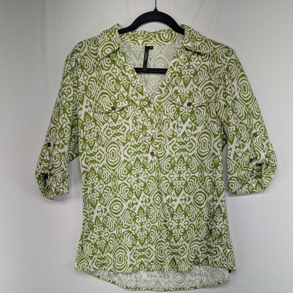 Cathy Womens‎ Green White Geometric Print Roll Tab 3/4 Sleeve Blouse Top Large